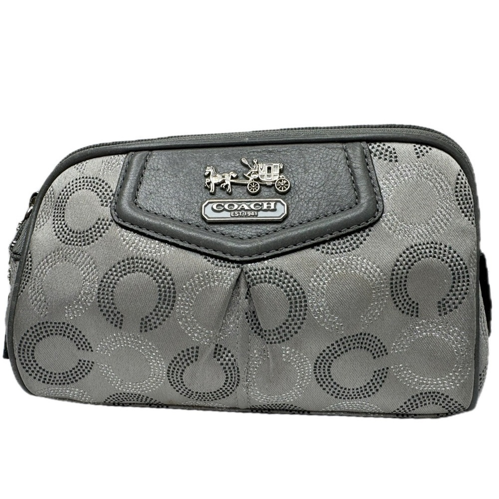 Coach Gray Silver Optic C Vintage Y2K Satin & Leather Carriage Cosmetic Zip Bag - Picture 10 of 12